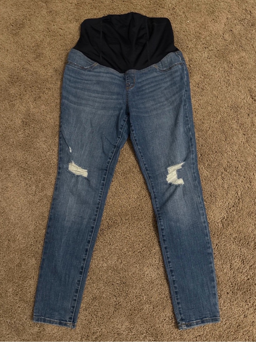 Maternity Distressed Blue Denim Jeans with Black Waistband